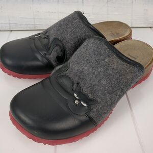 THINK! Black Cat Women's Leather Cork Shoes Mules Clog Clogs Size 6 36 Euro